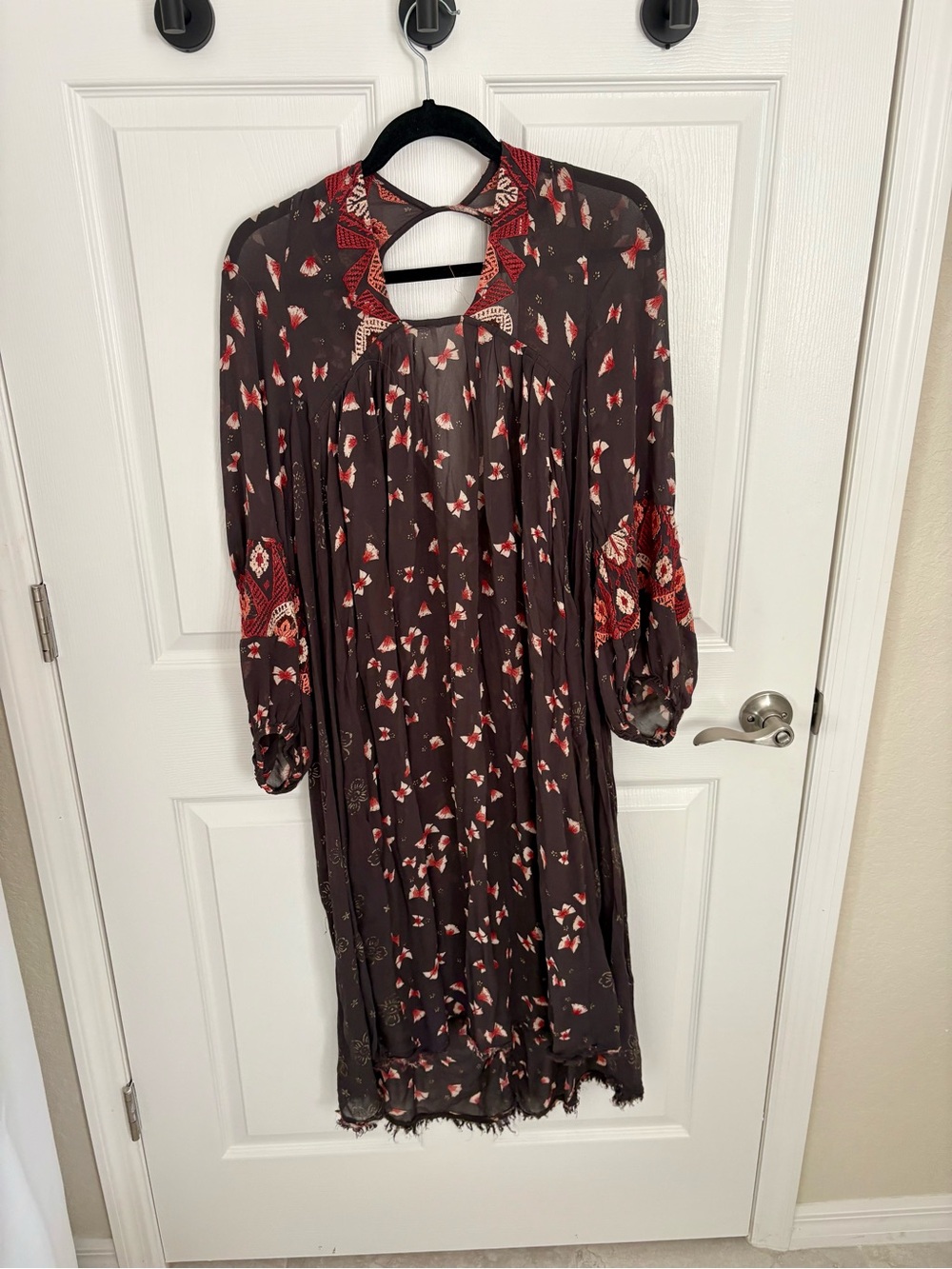 Free People Brown Maxi Dress with Red Floral Trim